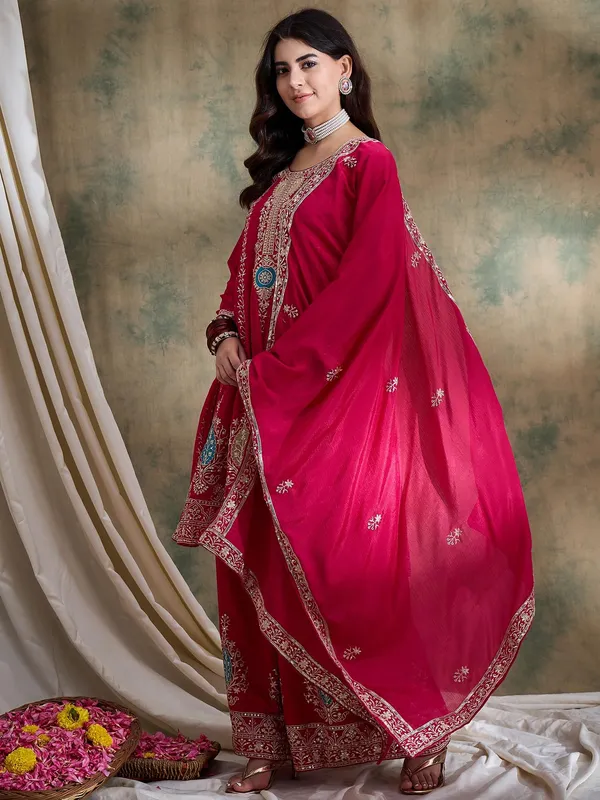 Pink_Chinon_Embroidered_Kurta_Palazzo_Set_With_Round_Neck_Flared_Top_And_Dupatta_For_Women