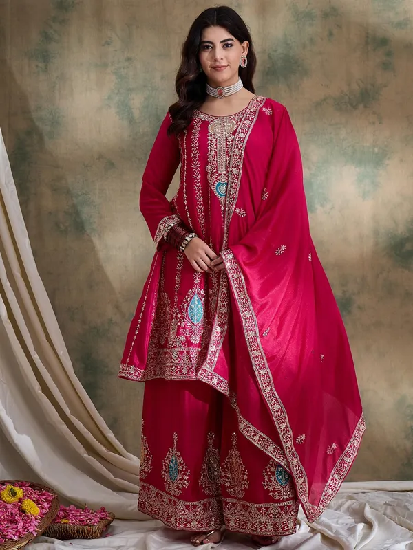 Pink_Chinon_Embroidered_Kurta_Palazzo_Set_With_Round_Neck_Flared_Top_And_Dupatta_For_Women