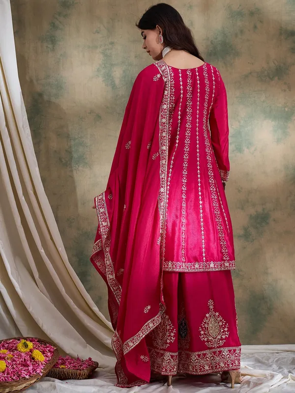 Pink_Chinon_Embroidered_Kurta_Palazzo_Set_With_Round_Neck_Flared_Top_And_Dupatta_For_Women