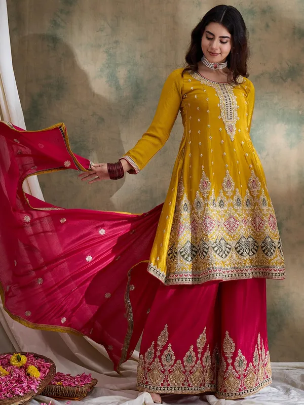 Striking_Yellow_Chinon_Embroidered_Flared_Kurta_And_Pink_Palazzo_Set
