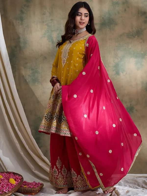 Striking_Yellow_Chinon_Embroidered_Flared_Kurta_And_Pink_Palazzo_Set