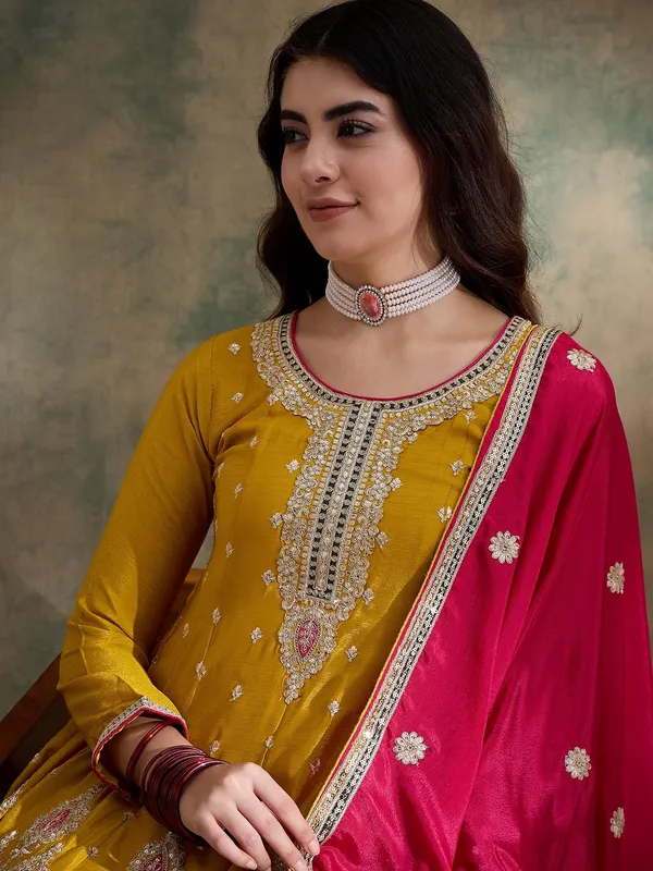 Striking_Yellow_Chinon_Embroidered_Flared_Kurta_And_Pink_Palazzo_Set