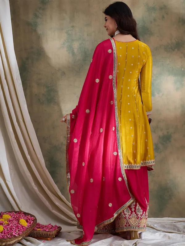 Striking_Yellow_Chinon_Embroidered_Flared_Kurta_And_Pink_Palazzo_Set