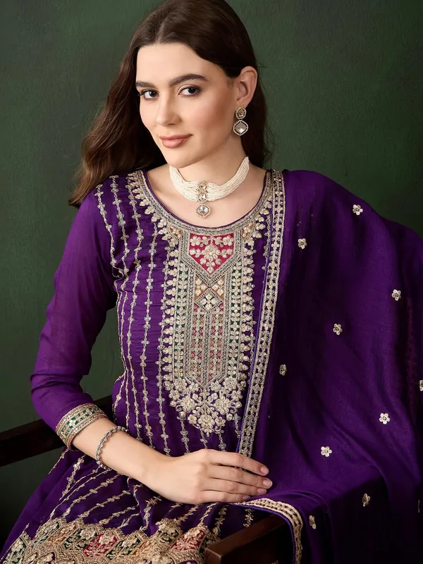 Purple_Embroidered_Kurta_Patiyala_Set_With_Round_Neck_Flared_Chinon_Top_And_Dupatta_For_Women