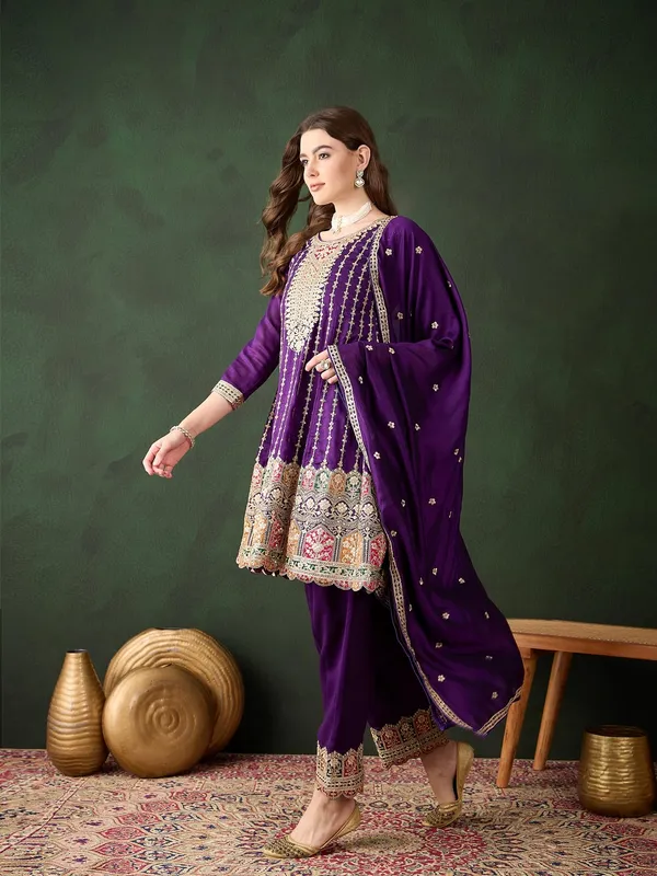 Purple_Embroidered_Kurta_Patiyala_Set_With_Round_Neck_Flared_Chinon_Top_And_Dupatta_For_Women