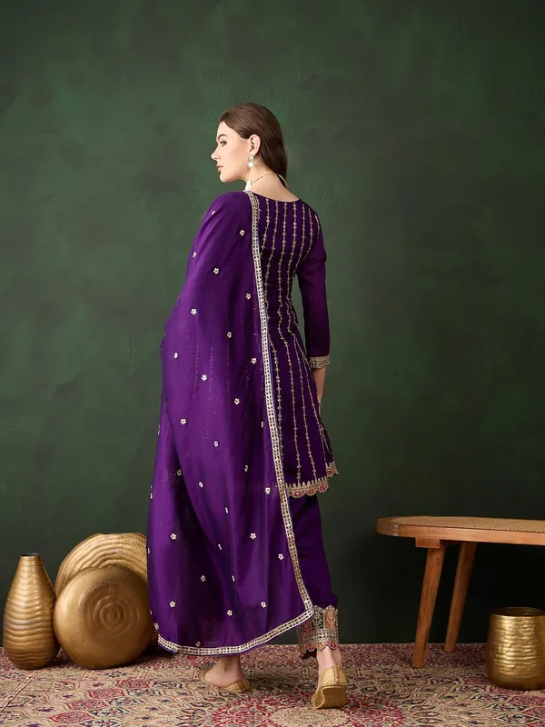 Purple_Embroidered_Kurta_Patiyala_Set_With_Round_Neck_Flared_Chinon_Top_And_Dupatta_For_Women