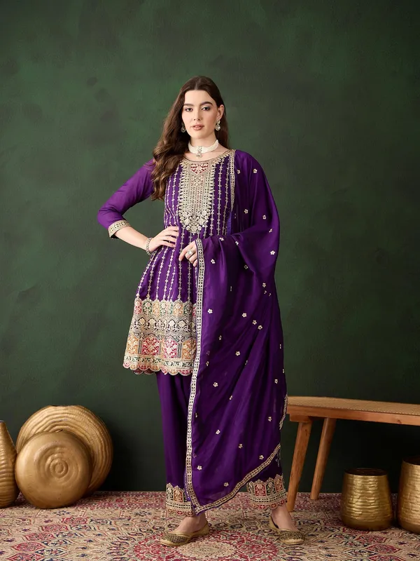 Purple_Embroidered_Kurta_Patiyala_Set_With_Round_Neck_Flared_Chinon_Top_And_Dupatta_For_Women