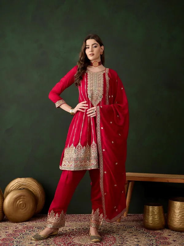 Maroon_Embroidered_Flared_Kurta_Patiala_Set_With_Dupatta_Vichitra_Silk