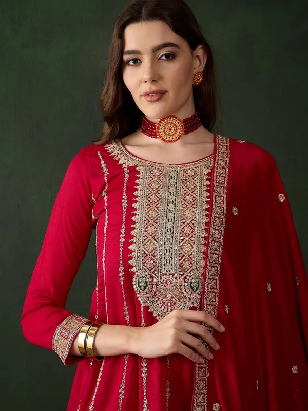 Maroon_Embroidered_Flared_Kurta_Patiala_Set_With_Dupatta_Vichitra_Silk