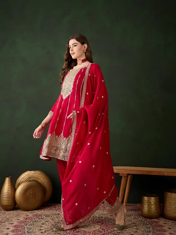 Maroon_Embroidered_Flared_Kurta_Patiala_Set_With_Dupatta_Vichitra_Silk