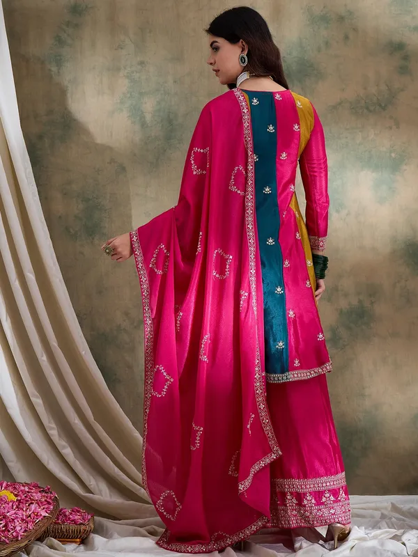 Pink_Embroidered_Chinon_Flared_Kurta_Palazzo_Set_With_Dupatta