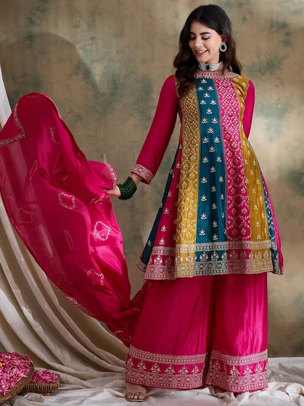 Pink_Embroidered_Chinon_Flared_Kurta_Palazzo_Set_With_Dupatta