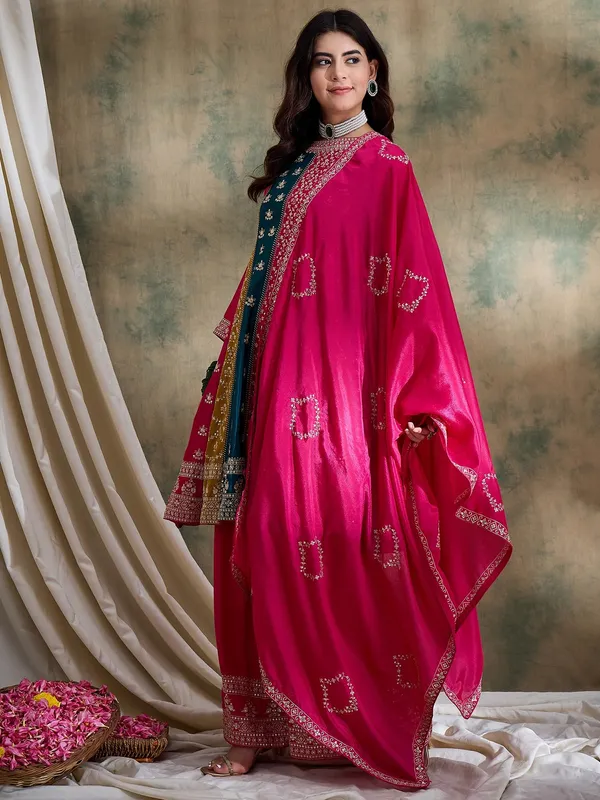 Pink_Embroidered_Chinon_Flared_Kurta_Palazzo_Set_With_Dupatta