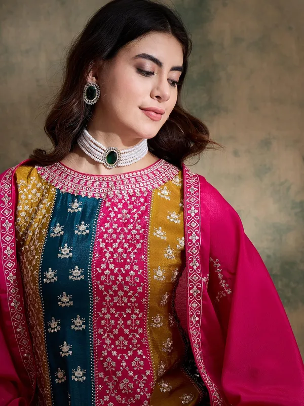 Pink_Embroidered_Chinon_Flared_Kurta_Palazzo_Set_With_Dupatta