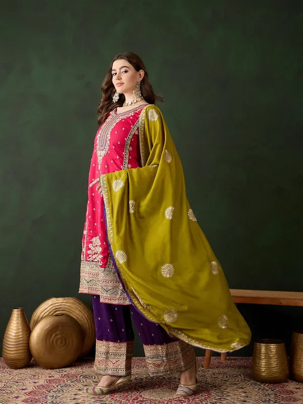 Vibrant_Pink_And_Purple_Embroidered_Vichitra_Silk_Kurta_Palazzo_Set_With_Dupatta