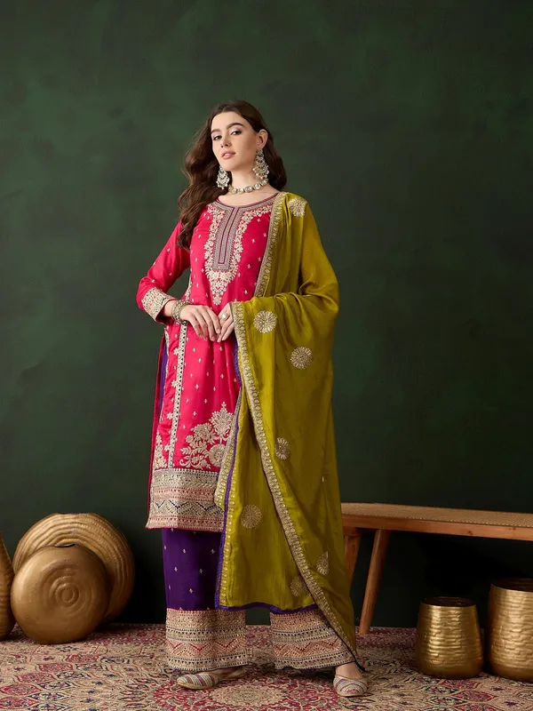Vibrant_Pink_And_Purple_Embroidered_Vichitra_Silk_Kurta_Palazzo_Set_With_Dupatta