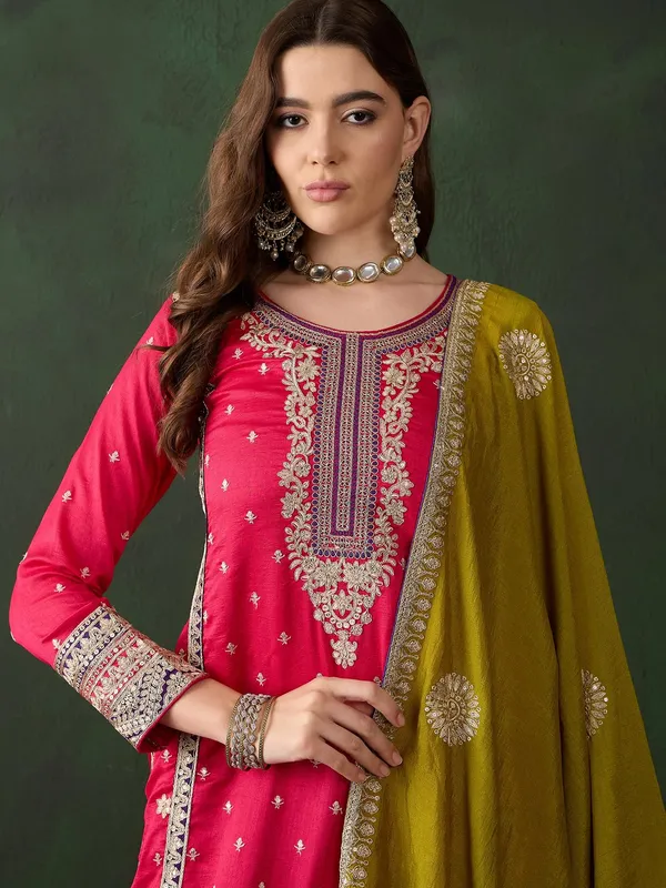 Vibrant_Pink_And_Purple_Embroidered_Vichitra_Silk_Kurta_Palazzo_Set_With_Dupatta