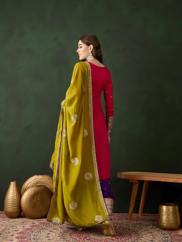 Vibrant_Pink_And_Purple_Embroidered_Vichitra_Silk_Kurta_Palazzo_Set_With_Dupatta