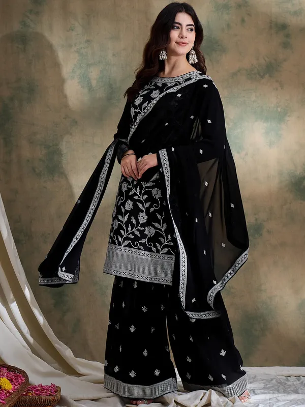 Striking_Black_Embroidered_Faux_Georgette_Kurta_Sharara_Set_With_Dupatta