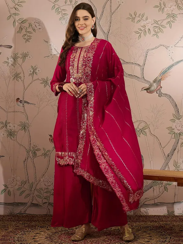 Dark_Pink_Vichitra_Silk_Kurta_Palazzo_Set_With_Embroidered_Dupatta