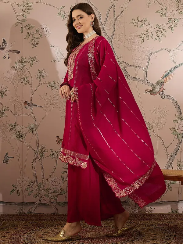 Dark_Pink_Vichitra_Silk_Kurta_Palazzo_Set_With_Embroidered_Dupatta