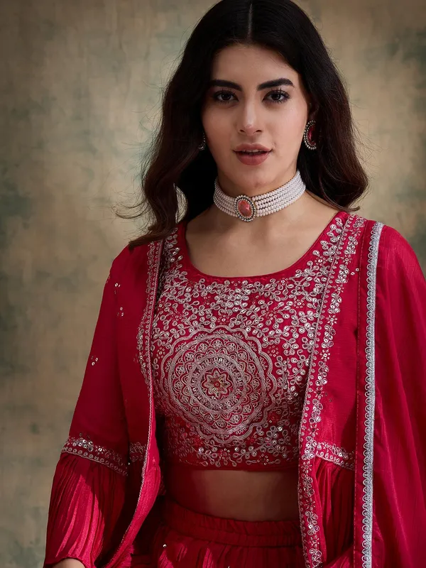 Pink_Chinon_Lehenga_Choli_With_Embroidered_Jacket_And_Dupatta