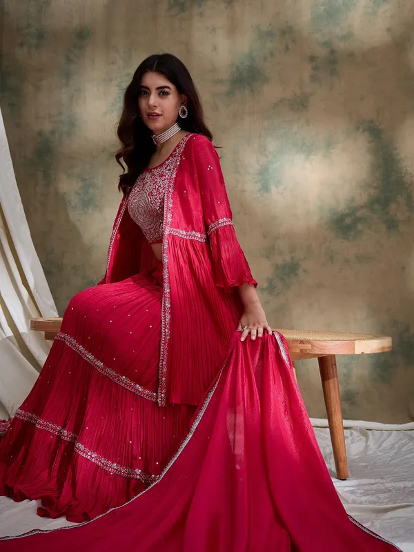 Pink_Chinon_Lehenga_Choli_With_Embroidered_Jacket_And_Dupatta