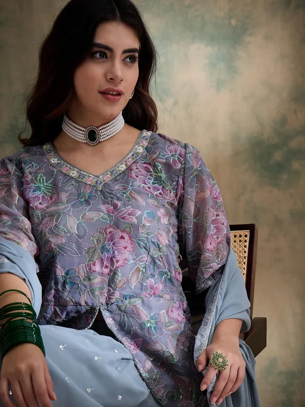 Grey_Faux_Georgette_Lehenga_With_Kurta_And_Lace_Dupatta