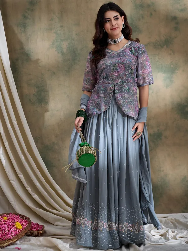 Grey_Faux_Georgette_Lehenga_With_Kurta_And_Lace_Dupatta