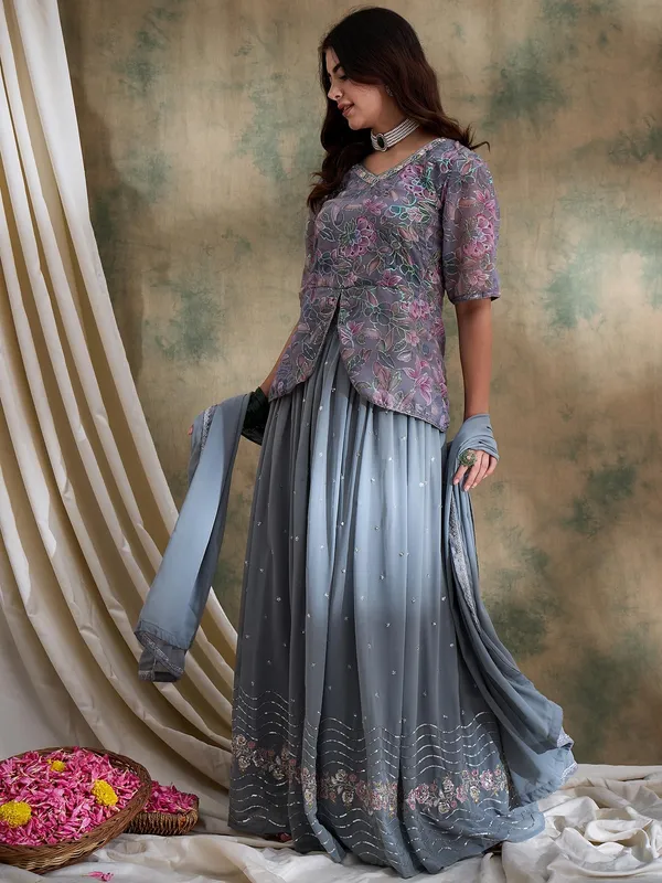 Grey_Faux_Georgette_Lehenga_With_Kurta_And_Lace_Dupatta