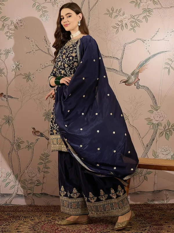 Regal_Blue_Embroidered_Chinon_Kurta_Palazzo_Set_With_Dupatta