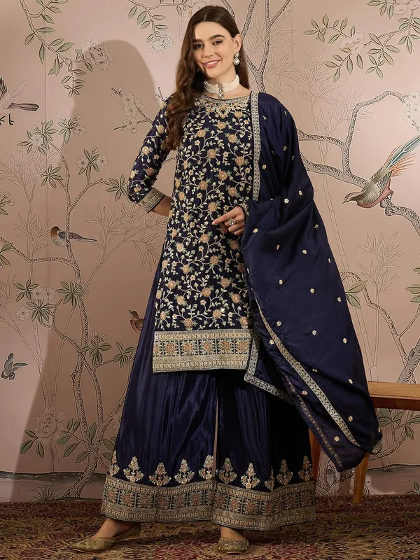 Regal_Blue_Embroidered_Chinon_Kurta_Palazzo_Set_With_Dupatta