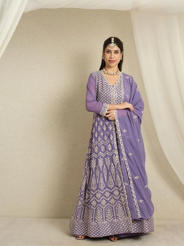 Light_Purple_Faux_Georgette_Anarkali_Kurta_With_Lehenga_And_Dupatta