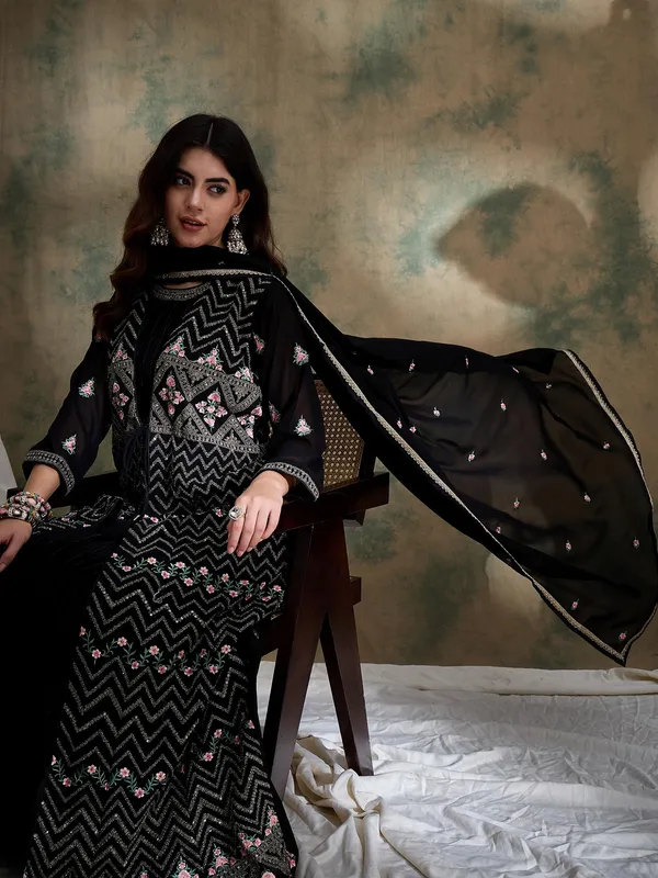 Black_Anarkali_Gown_With_Jacket_And_Embroidered_Dupatta_Full_Length