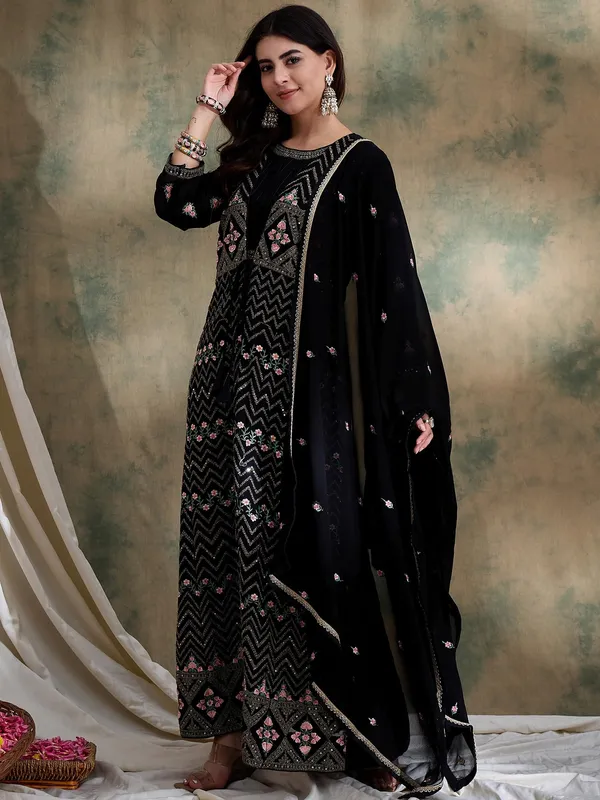Black_Anarkali_Gown_With_Jacket_And_Embroidered_Dupatta_Full_Length