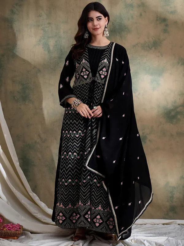 Black_Anarkali_Gown_With_Jacket_And_Embroidered_Dupatta_Full_Length