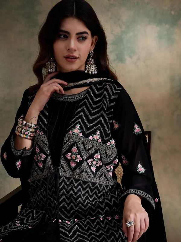 Black_Anarkali_Gown_With_Jacket_And_Embroidered_Dupatta_Full_Length