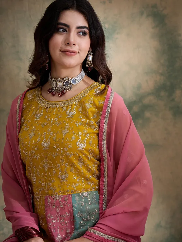 Vivid_Yellow_Embroidered_Faux_Georgette_Multi-Panel_Anarkali_Gown_With_Dupatta