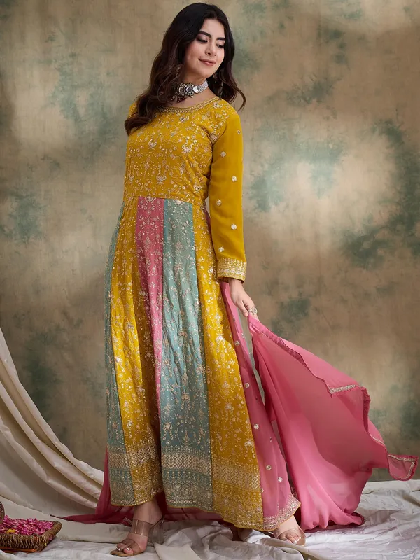 Vivid_Yellow_Embroidered_Faux_Georgette_Multi-Panel_Anarkali_Gown_With_Dupatta