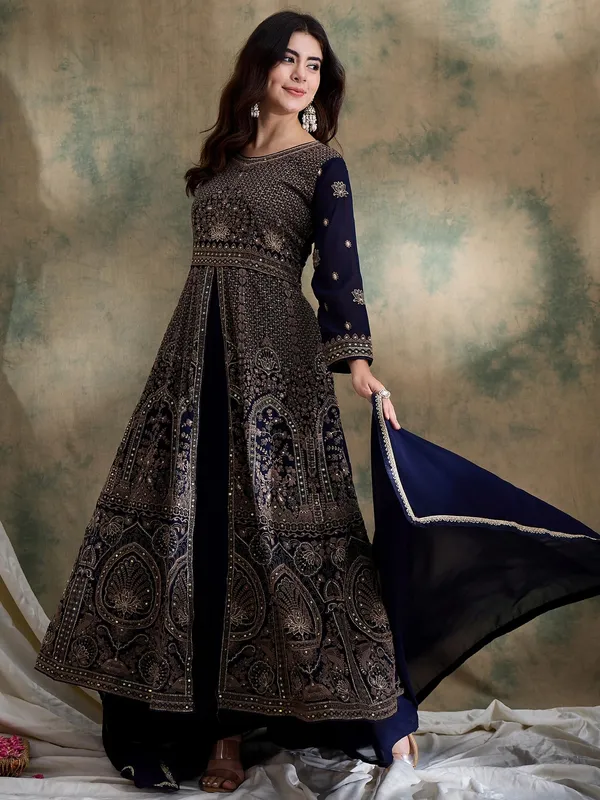 Midnight_Blue_Embroidered_Chinon_Front-Slit_Anarkali_Lehenga_Set_With_Dupatta