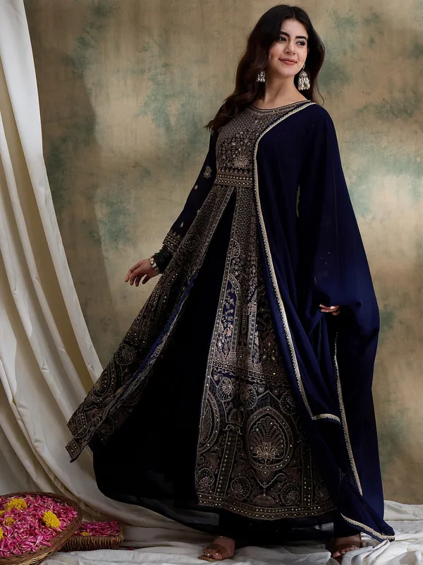 Midnight_Blue_Embroidered_Chinon_Front-Slit_Anarkali_Lehenga_Set_With_Dupatta