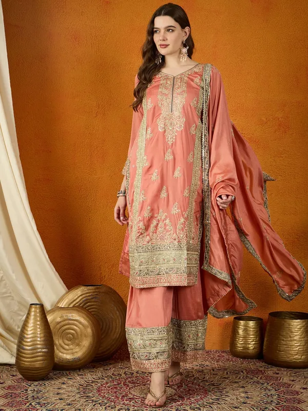 Peach_Chinon_Embroidered_Straight_Kurta_Palazzo_Set_With_Dupatta
