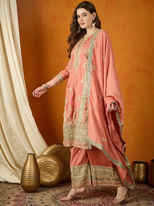 Peach_Chinon_Embroidered_Straight_Kurta_Palazzo_Set_With_Dupatta
