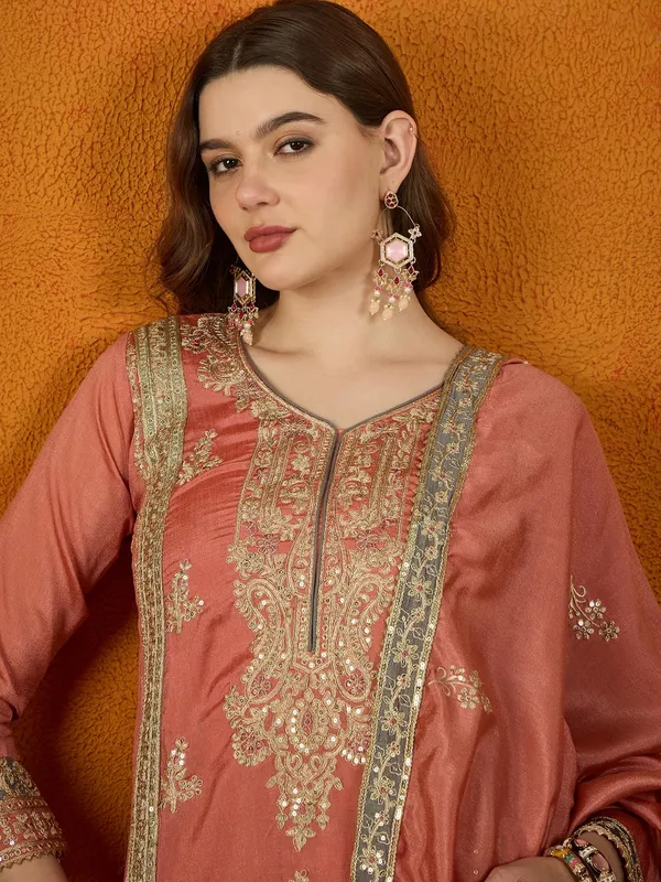 Peach_Chinon_Embroidered_Straight_Kurta_Palazzo_Set_With_Dupatta