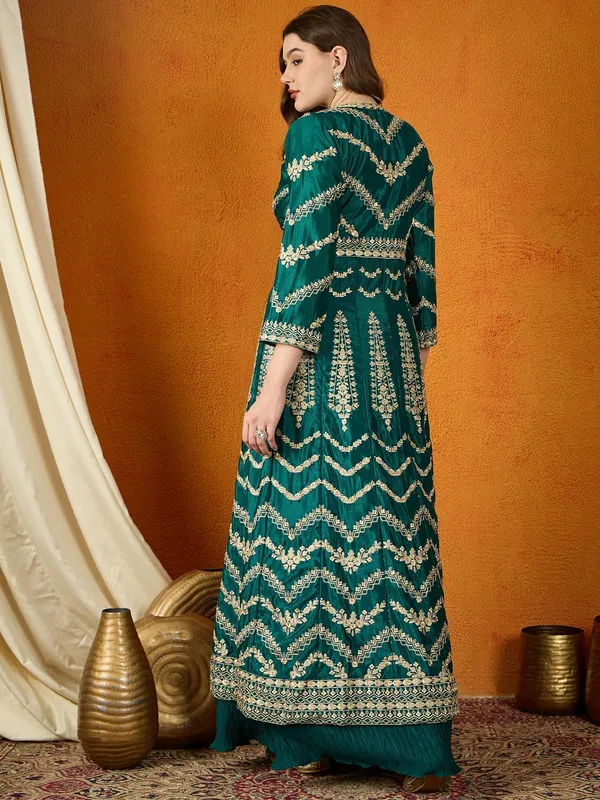 Resplendent_Green_Embroidered_Chinon_Lehenga_Choli_With_Long_Jacket