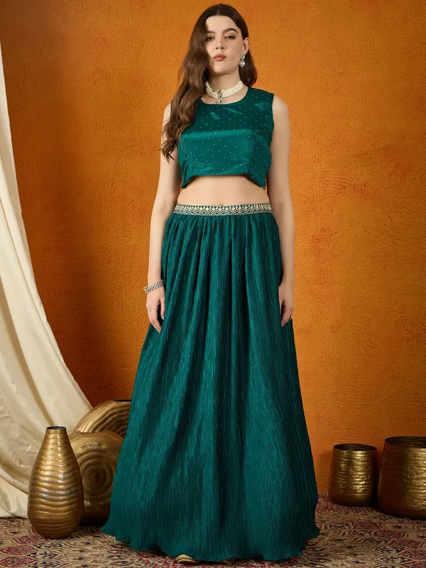 Resplendent_Green_Embroidered_Chinon_Lehenga_Choli_With_Long_Jacket