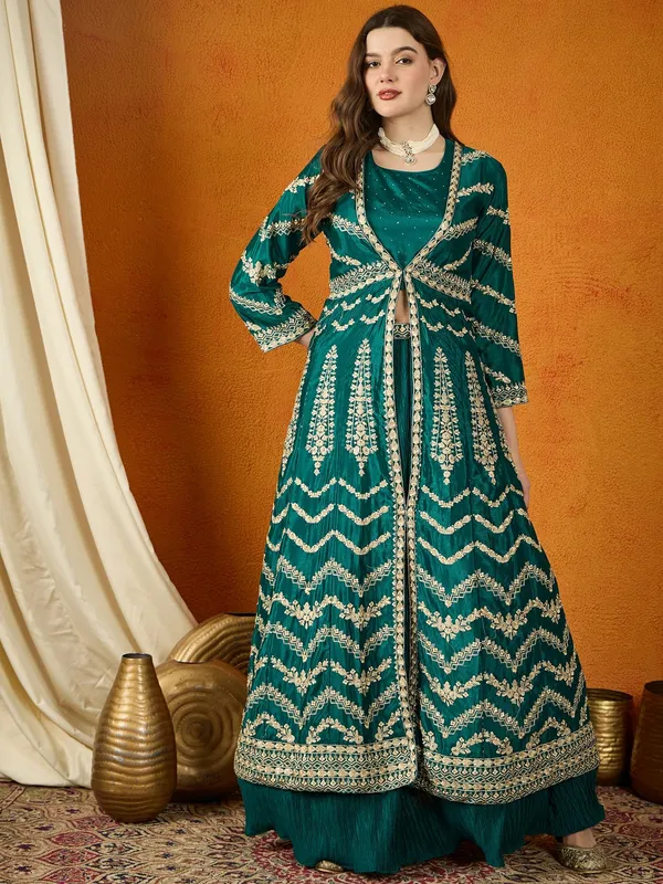 Resplendent_Green_Embroidered_Chinon_Lehenga_Choli_With_Long_Jacket