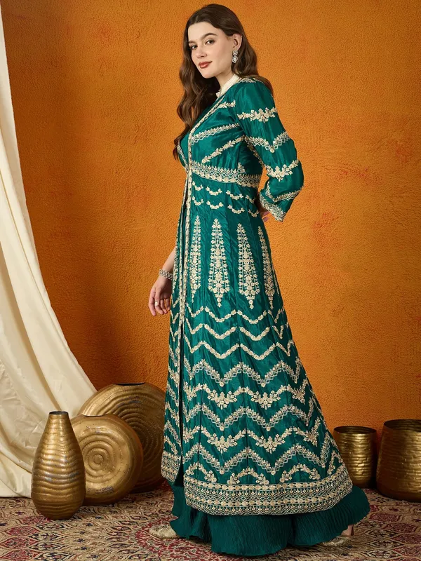 Resplendent_Green_Embroidered_Chinon_Lehenga_Choli_With_Long_Jacket