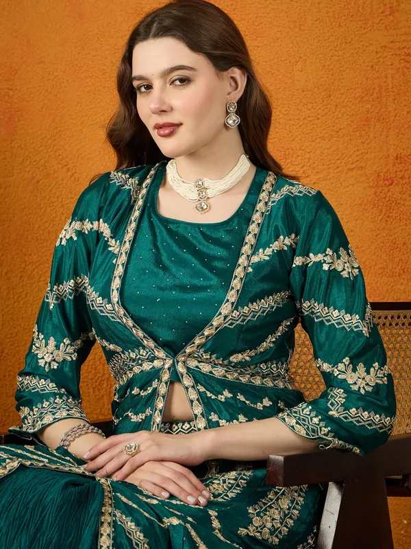 Resplendent_Green_Embroidered_Chinon_Lehenga_Choli_With_Long_Jacket
