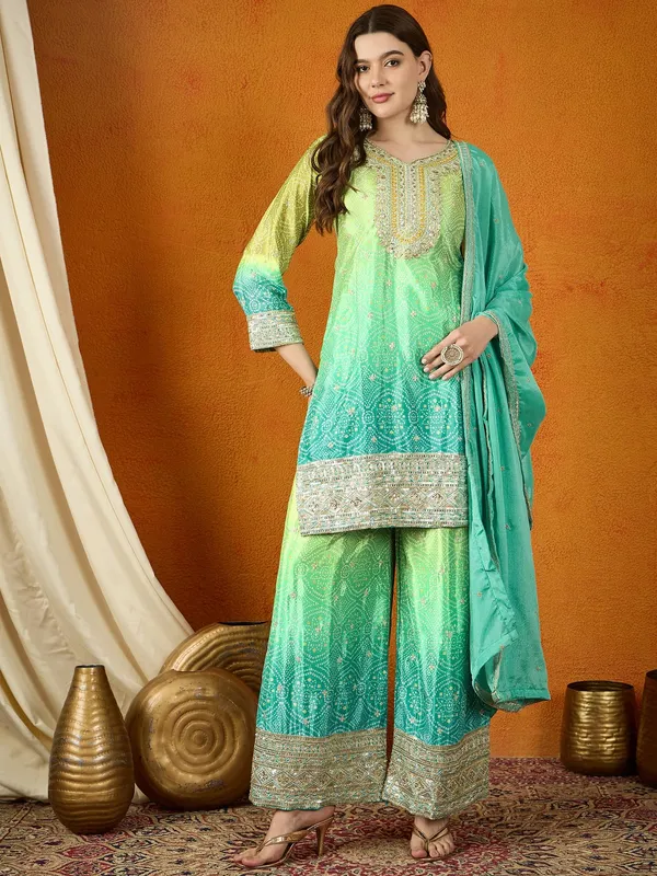 Ombre_Teal_Chinon_Embroidered_Kurta_And_Palazzo_Set